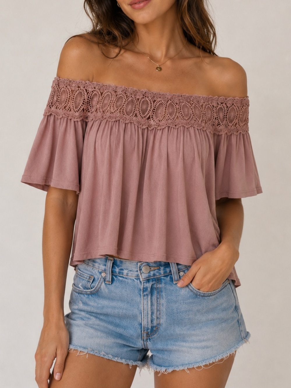 Mittoshop‎ Mauve Off the Shoulder Rayon Lace Cropped Boho Peasant Flare Top (S)